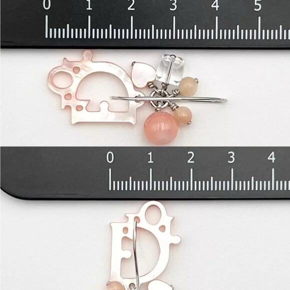 AUTH Christian Dior Rose Quartz Beaded Mother of Pearl Logo Hook Dangle Earrings - Picture 7 of 9